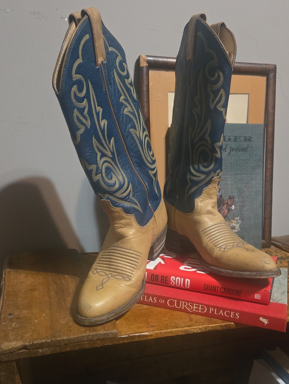 Justin Boots Two-Tone Blue and Tan Western Heeled Boots